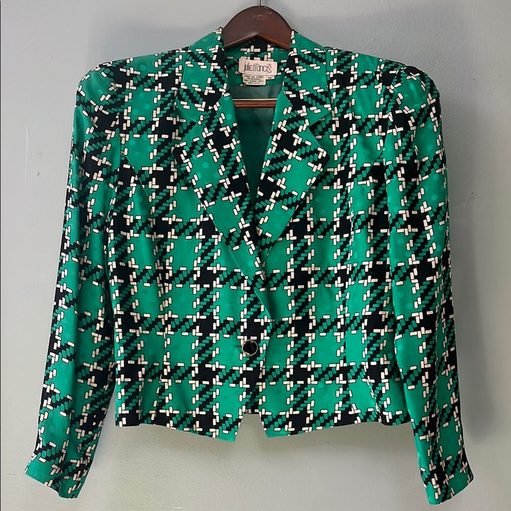 NWT Vintage Silk Green and Black Blazer with Notched Lapel